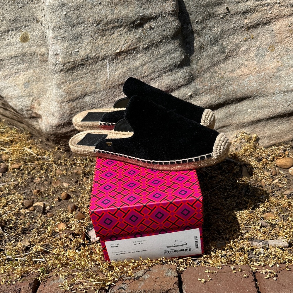 Tory Burch Black Suede Espadrille Mule Slides size 8